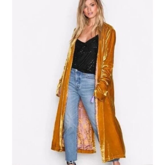 RARE Free People Golden Crushed Velvet Maxi Duster | Boho Cottagecore Whimsigoth - Picture 16 of 16